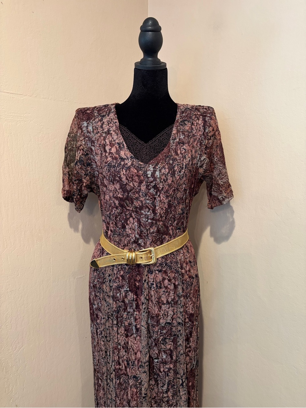 90s Office Mom Boho Mesh & Lace Maxi Dress w/ Padded Shoulders and Slim Waist - Picture 9 of 10
